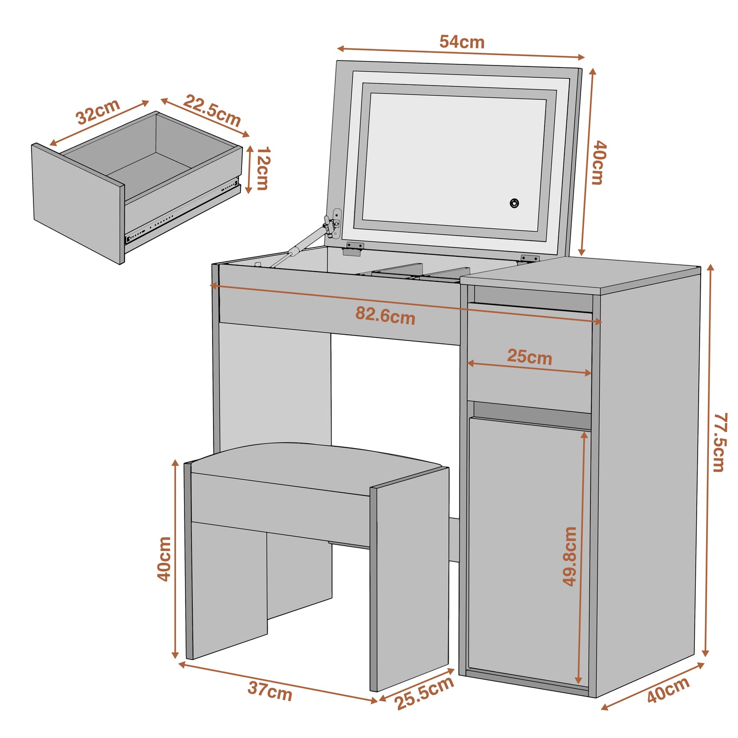 Small Dressing Table with Mirror and Lights, Stool - Makeup Vanity Desk