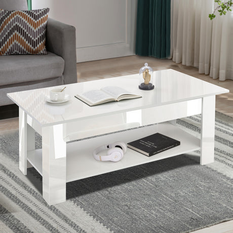 High gloss lift top coffee table with hidden storage shelf in white, placed in a modern living room with books and accessories on top.