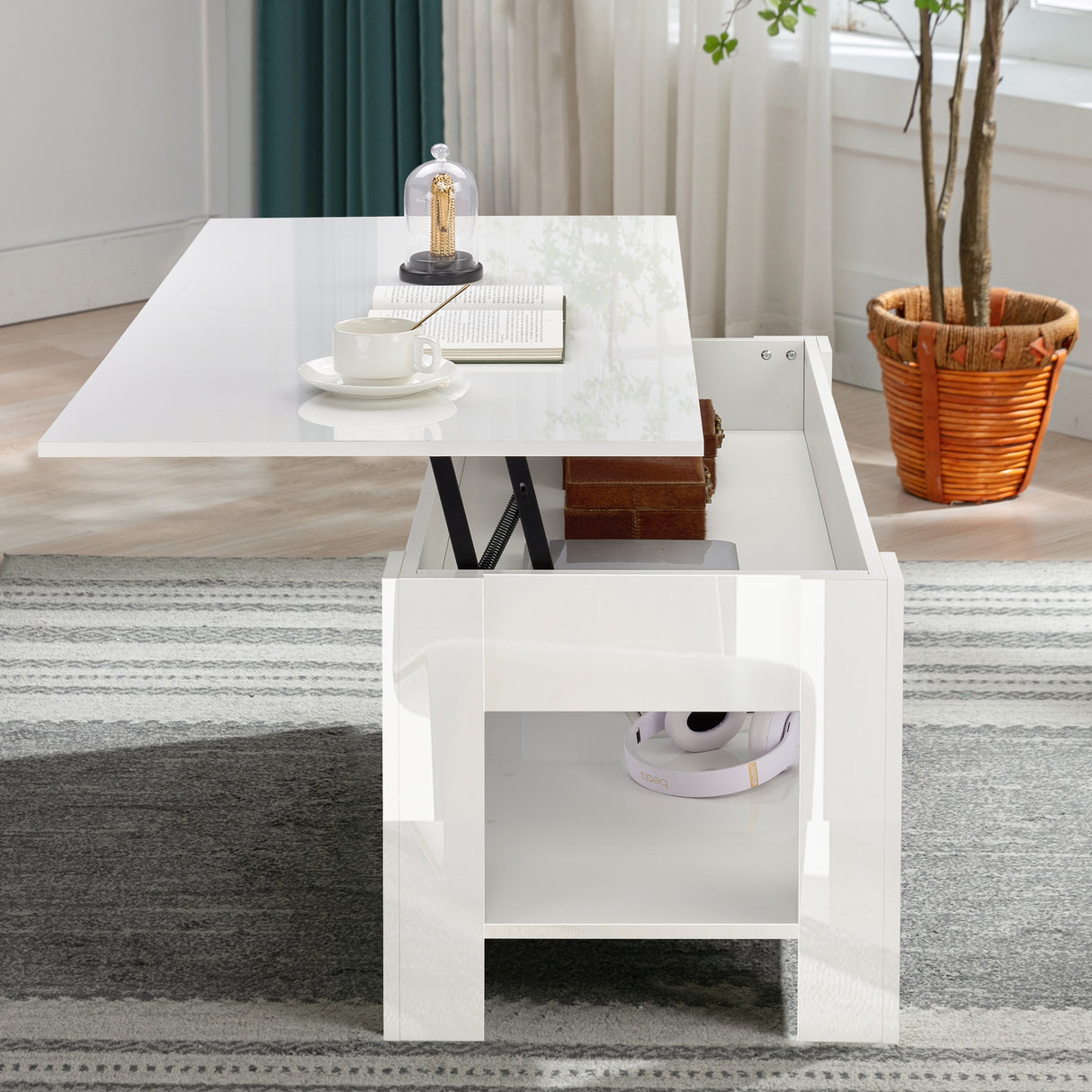 High gloss lift top coffee table with hidden storage shelf in white, featuring a modern design and adjustable tabletop for living rooms UK.