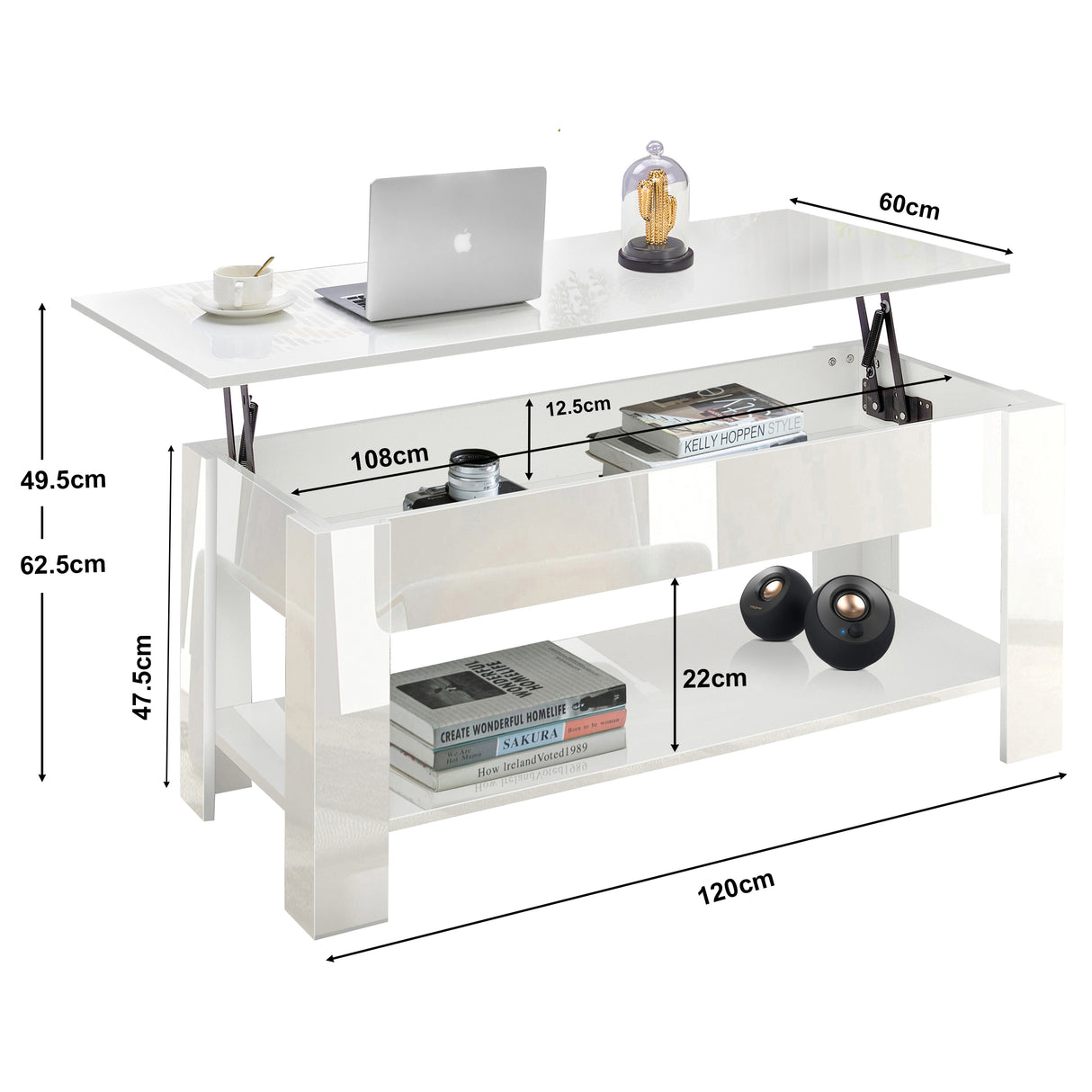 High Gloss Lift Top Coffee Table With Hidden Storage Shelf in white, featuring adjustable lift top, open shelf, and internal compartment for modern living rooms.