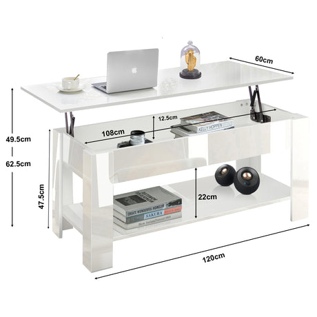 High Gloss Lift Top Coffee Table With Hidden Storage Shelf in white, featuring adjustable lift top, open shelf, and internal compartment for modern living rooms.