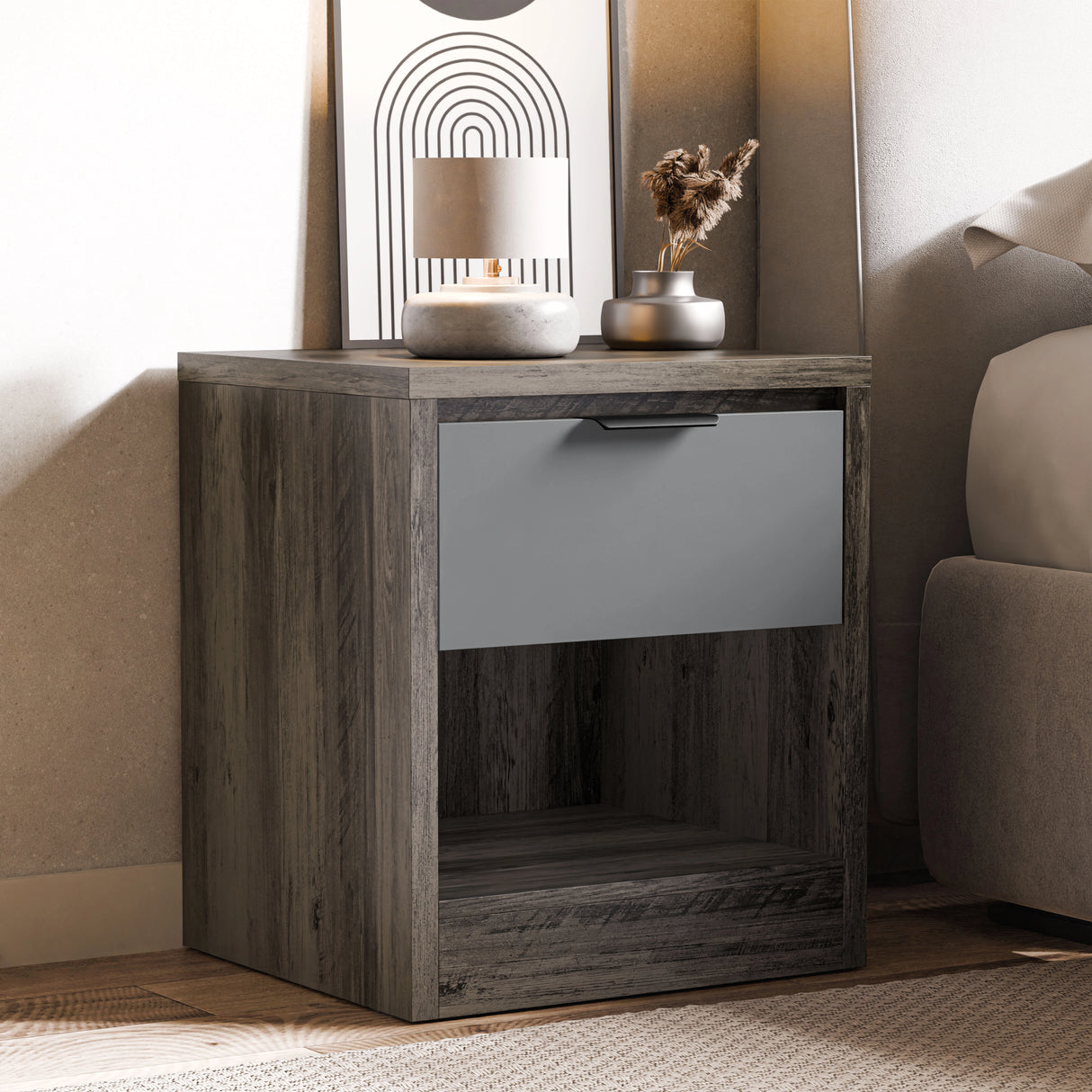 Skova 3 Piece Bedroom Furniture Set bedside table in dark wood finish with grey drawer and open shelf, ideal for modern UK bedrooms.