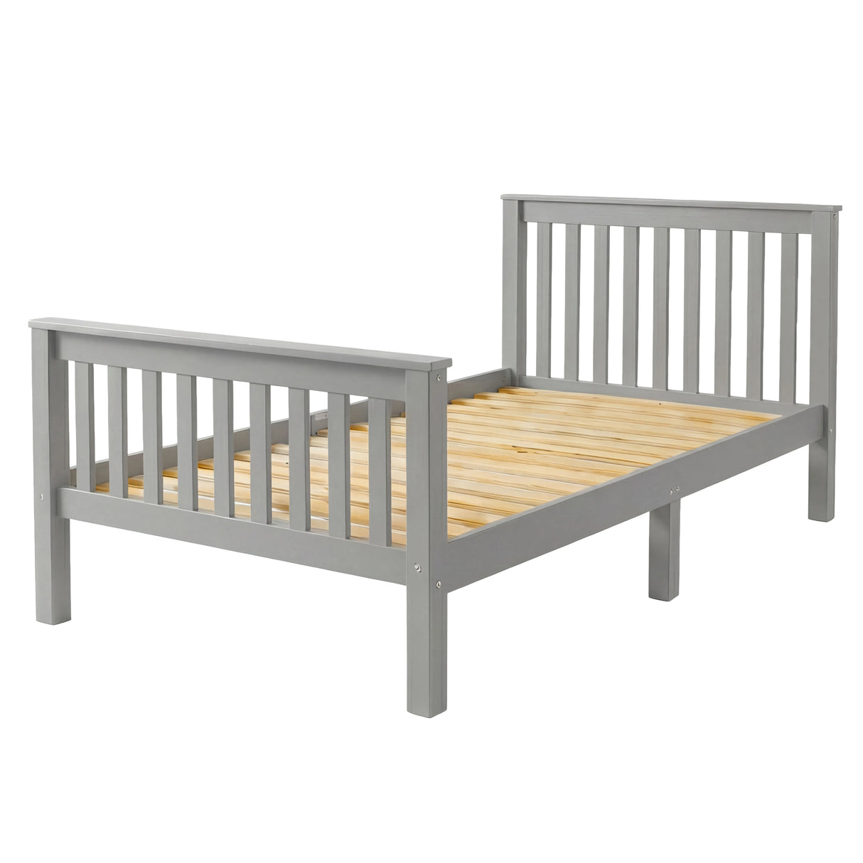 Grey wooden bed frame with slatted design and airy wooden slats, perfect for a minimalist bedroom