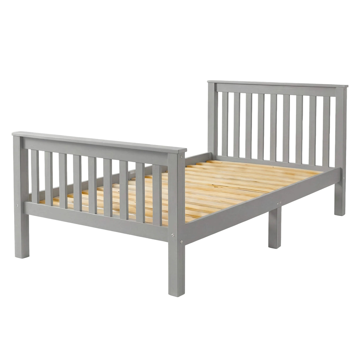 Grey wooden bed frame with slatted design and airy wooden slats, perfect for a minimalist bedroom