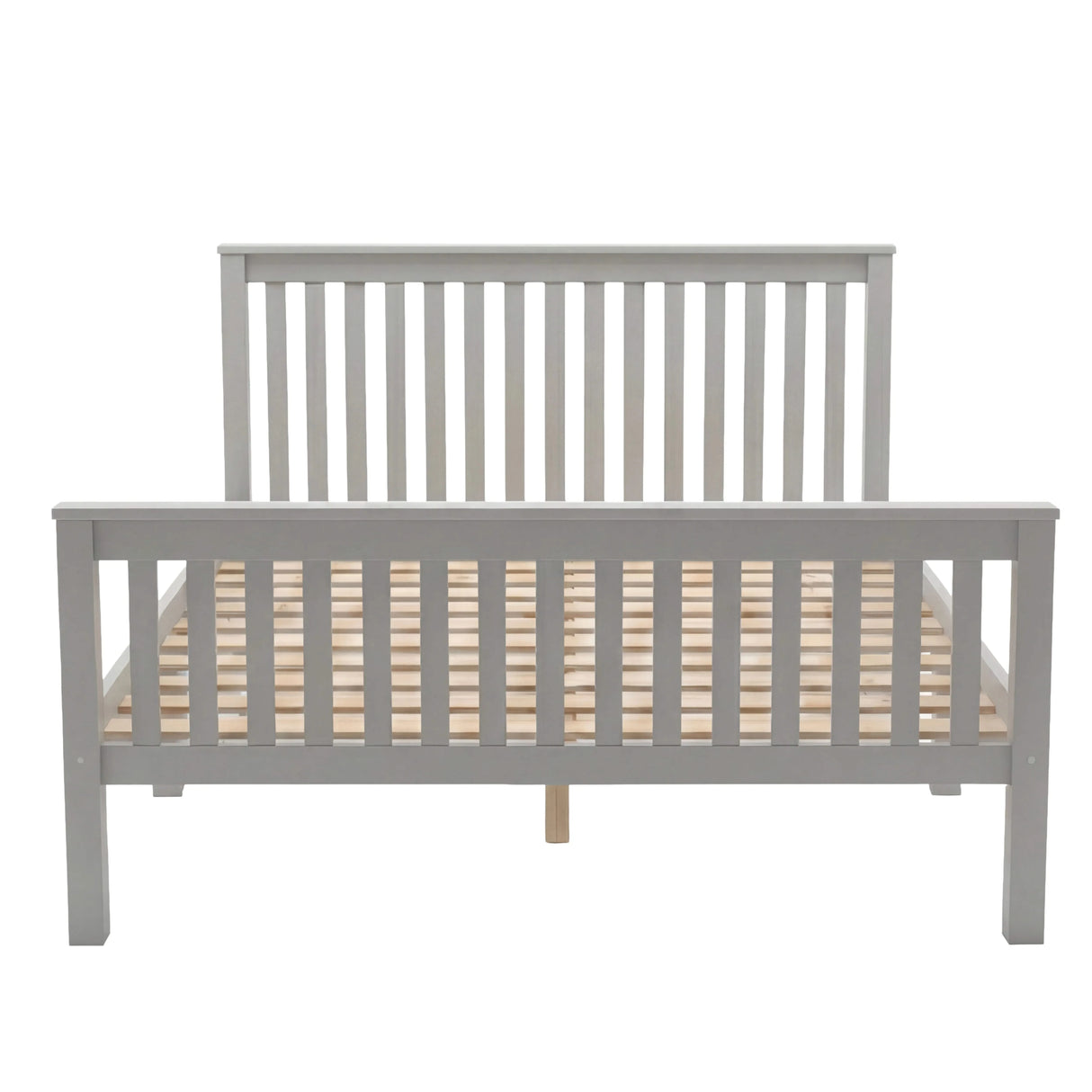 Wooden grey bed frame with slatted headboard and footboard, open base structure, and evenly spaced support slats