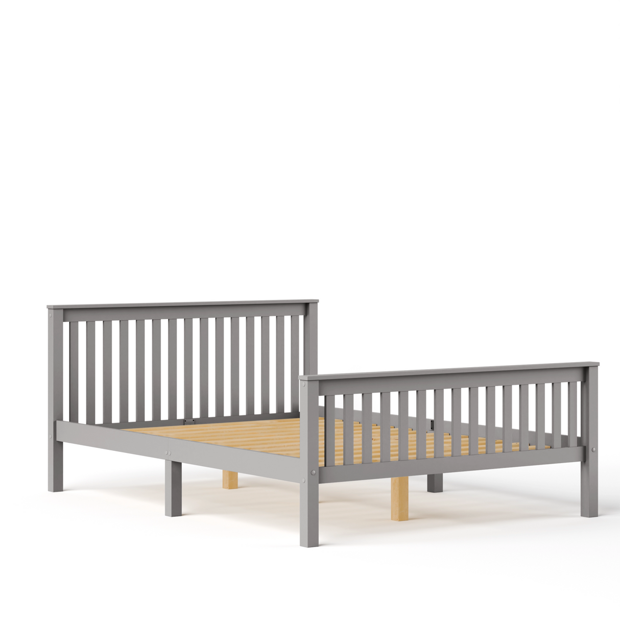 Wooden grey bed frame with slatted headboard and footboard, open base structure, and evenly spaced support slats