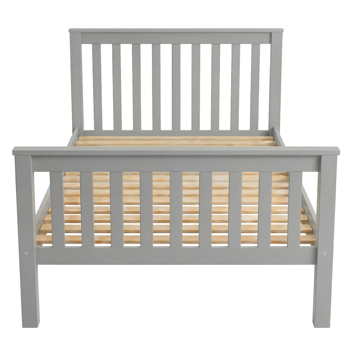 Grey single wooden bed frame with slatted pattern and sturdy wooden slats for added support and design to your bedroom