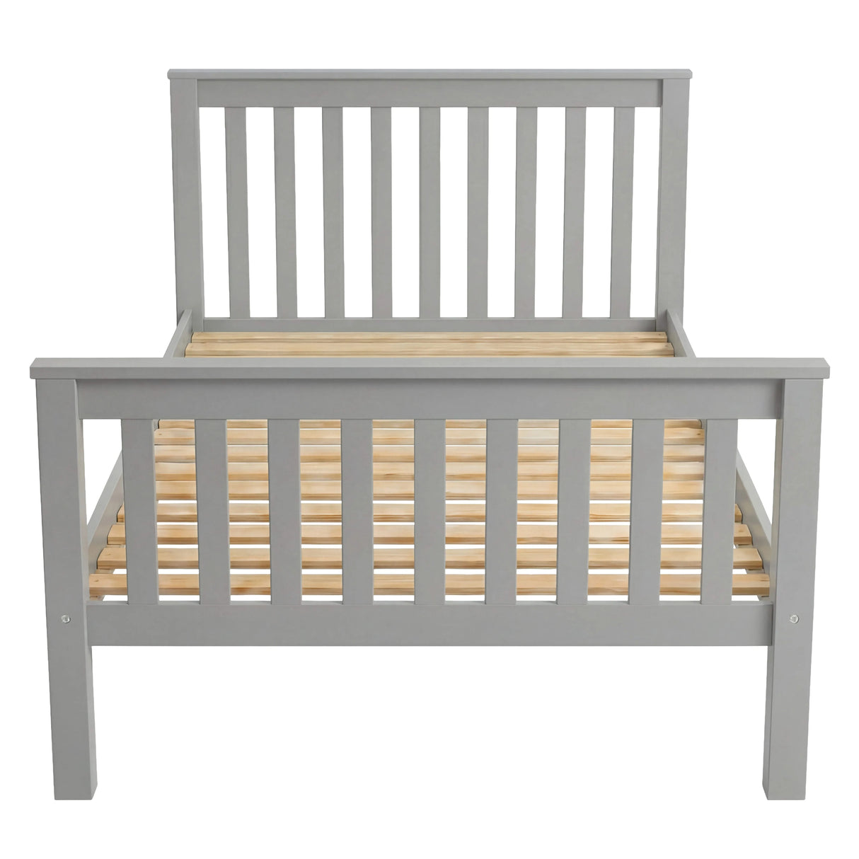 Grey single wooden bed frame with slatted pattern and sturdy wooden slats for added support and design to your bedroom