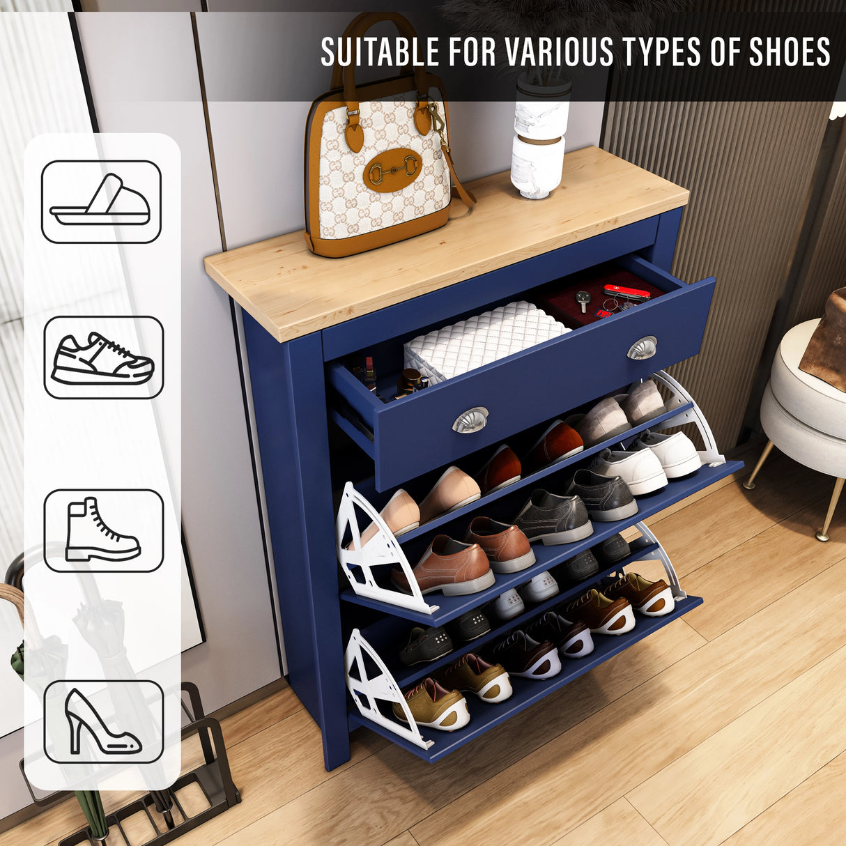 close‑up of blue shoe rack cabinet drawers showing space for slippers, crocs, sneakers, boots and wellies, and everyday use