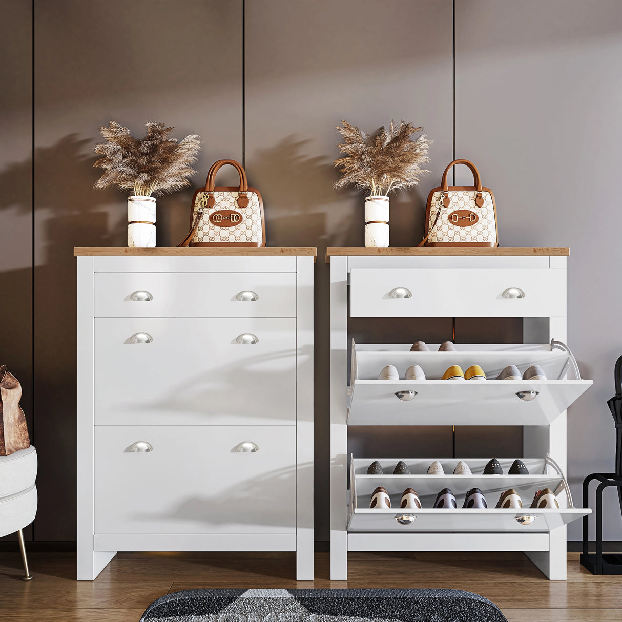 large shoe cabinet in white oak top showing two pull‑down drawers and top drawer, one open with shoes with decor above both