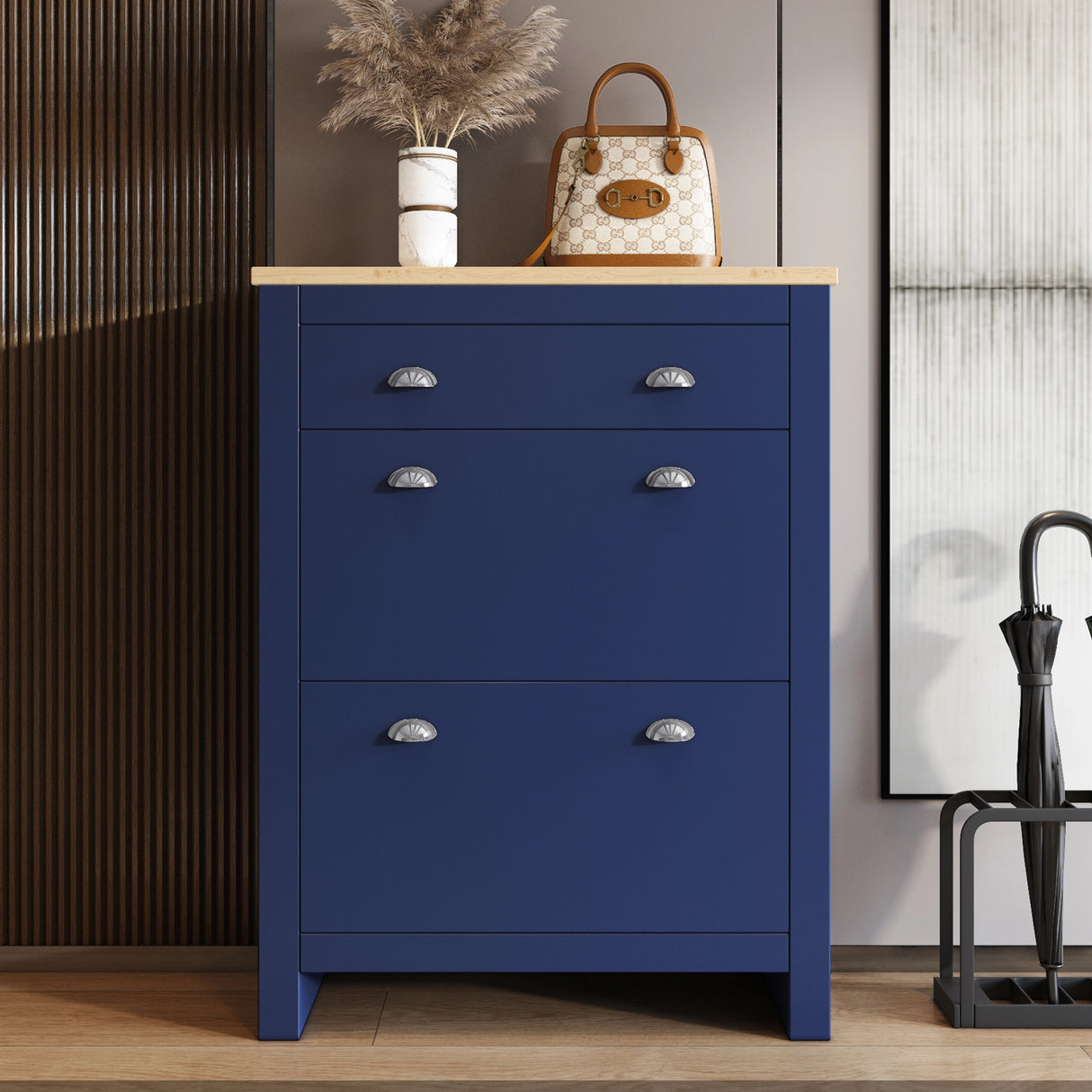 shoe cabinet for hallway in blue colour with oak top finish two pull‑down doors and top drawer with decor on flat oak surface