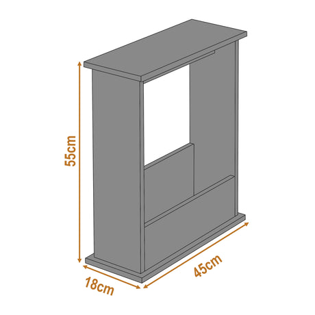 dimensions of rustic top black side table with storage: height 55 cm, width 18 cm, and length 45 cm.