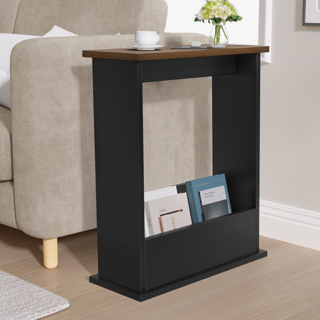Black side table with a wooden top in a living room setting