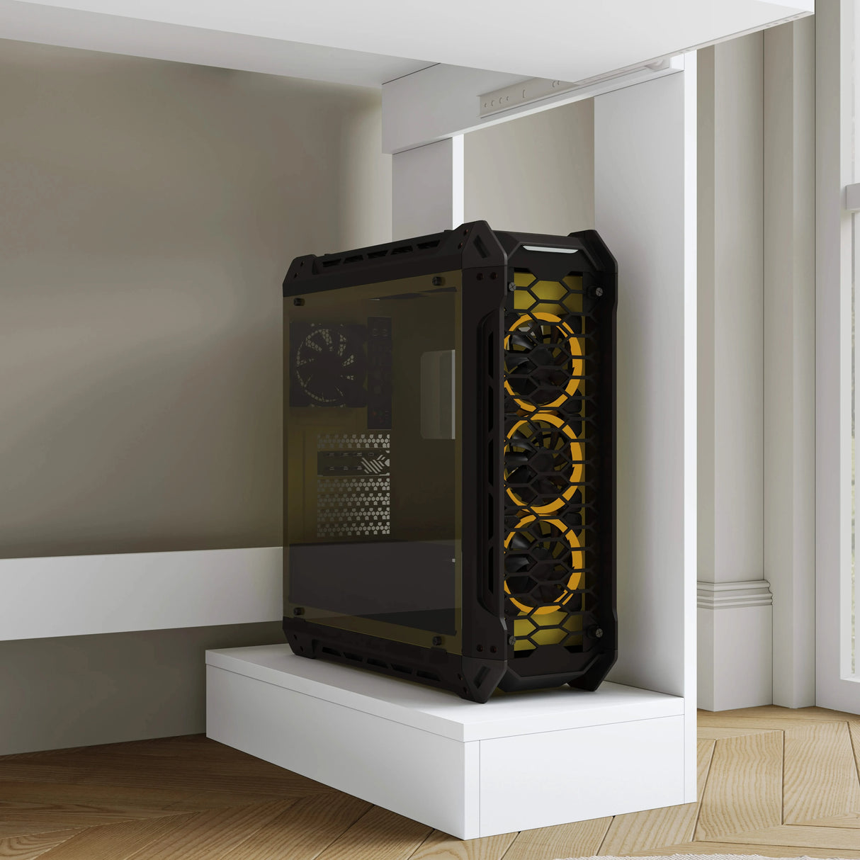 Home Office Computer Desk With Shelves For Working, Reading & Gaming featuring a mounted black and yellow gaming PC case with triple front fans under the desk.