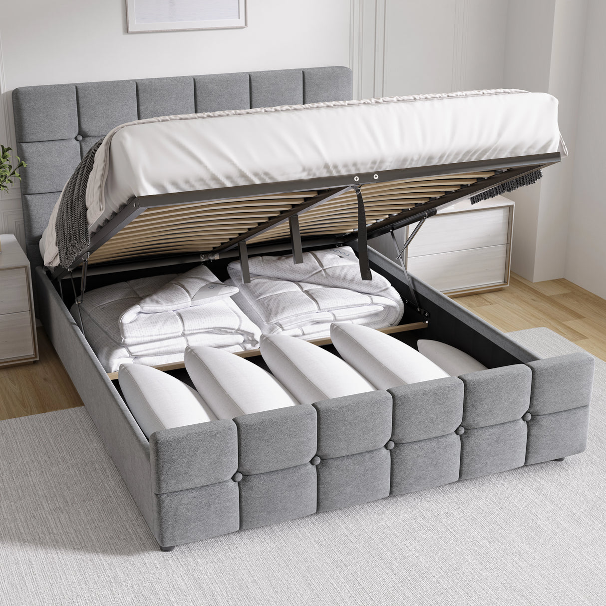 Gray upholstered bed with storage compartments in a bedroom setting
