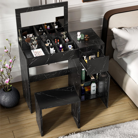 Modern black makeup dressing table with flip-up mirror, multiple storage sections, and matching stool, ideal for bedroom vanity organization.