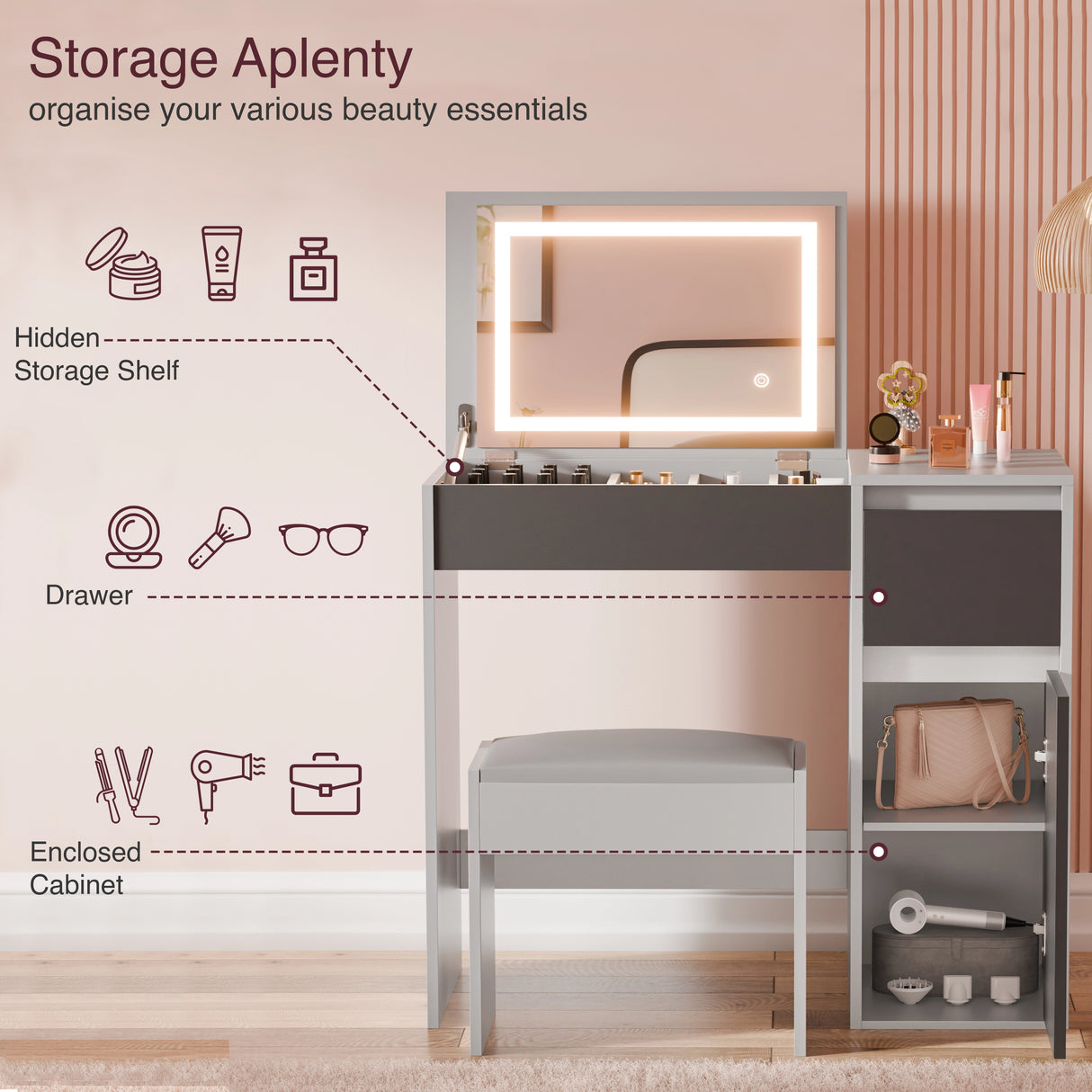 Makeup vanity with mirror, storage shelves, and stool in a bathroom setting.