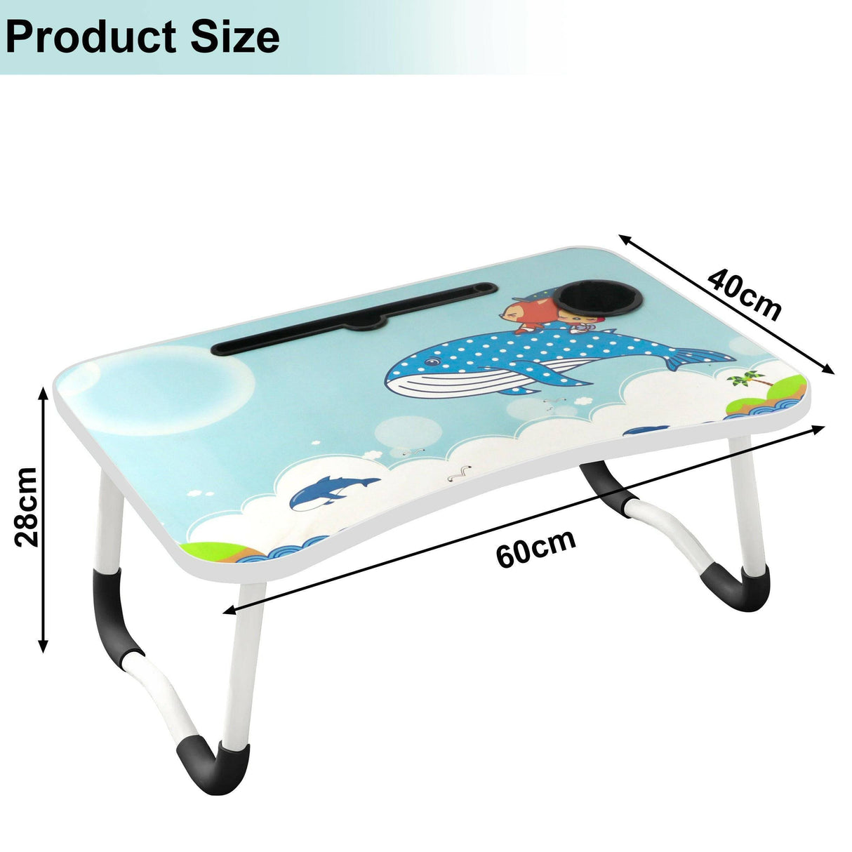 Small folding laptop table with whale design, 60x40x28 cm size, featuring a cup holder.