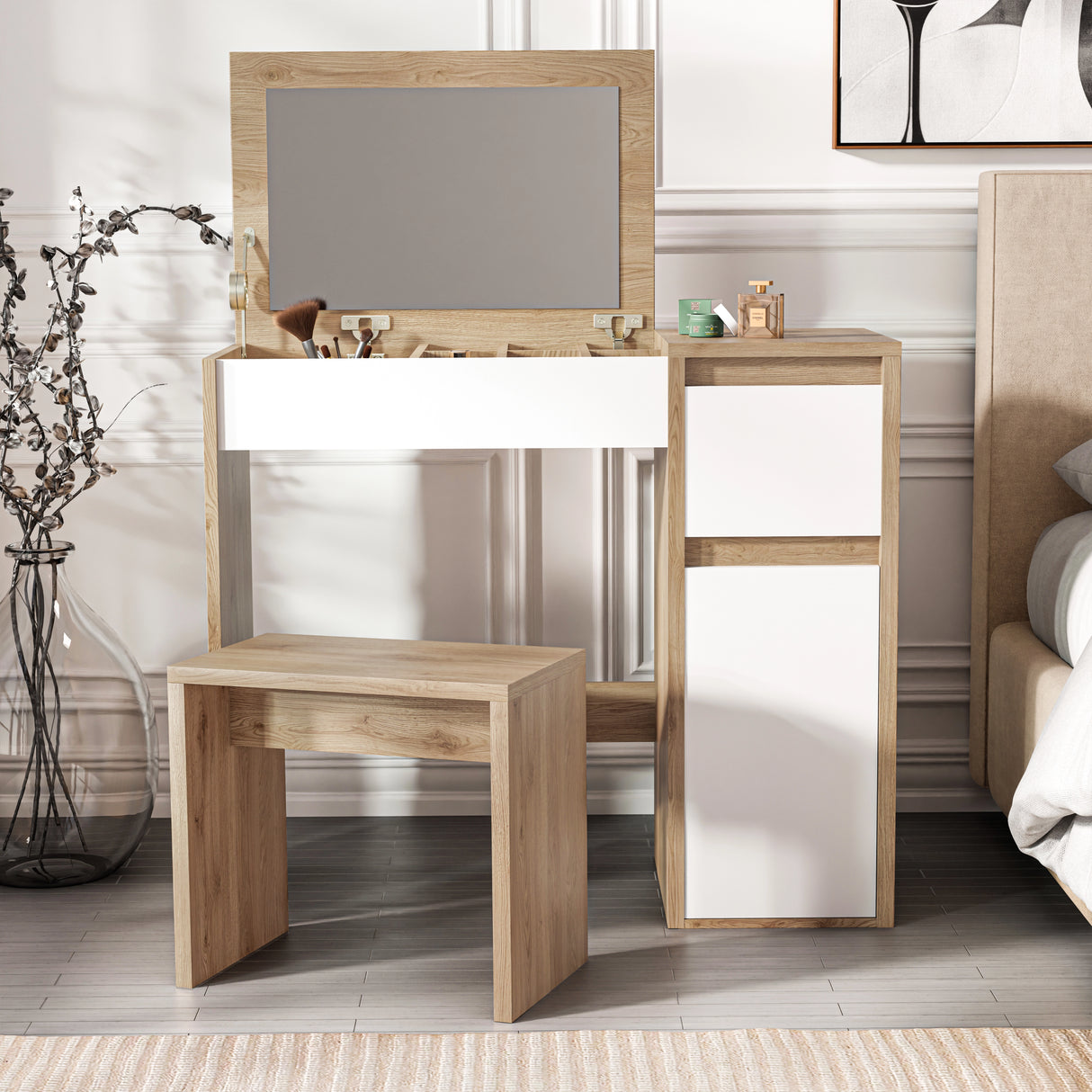 oak and white finish modern makeup dressing table with flip-up mirror, drawers, and matching stool placed in a bedroom