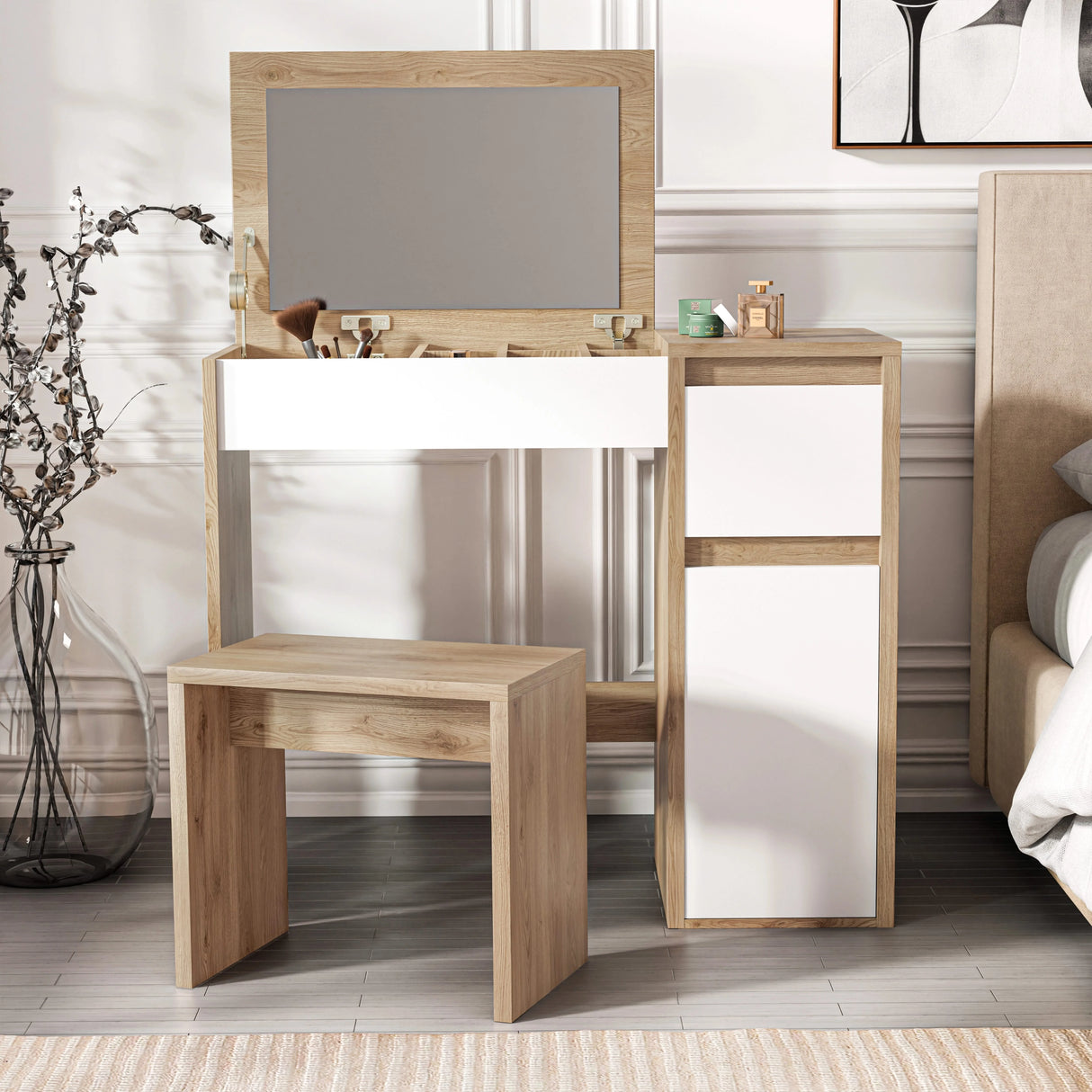oak and white finish modern makeup dressing table with flip-up mirror, drawers, and matching stool placed in a bedroom