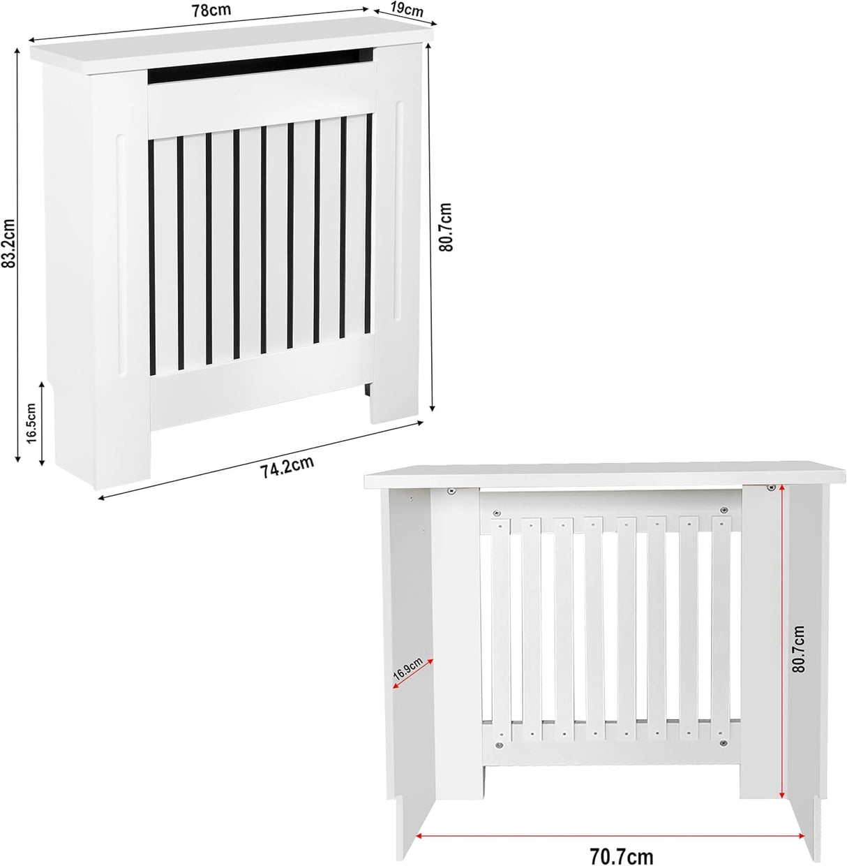 White corner desk with dimensions indicated on a white background