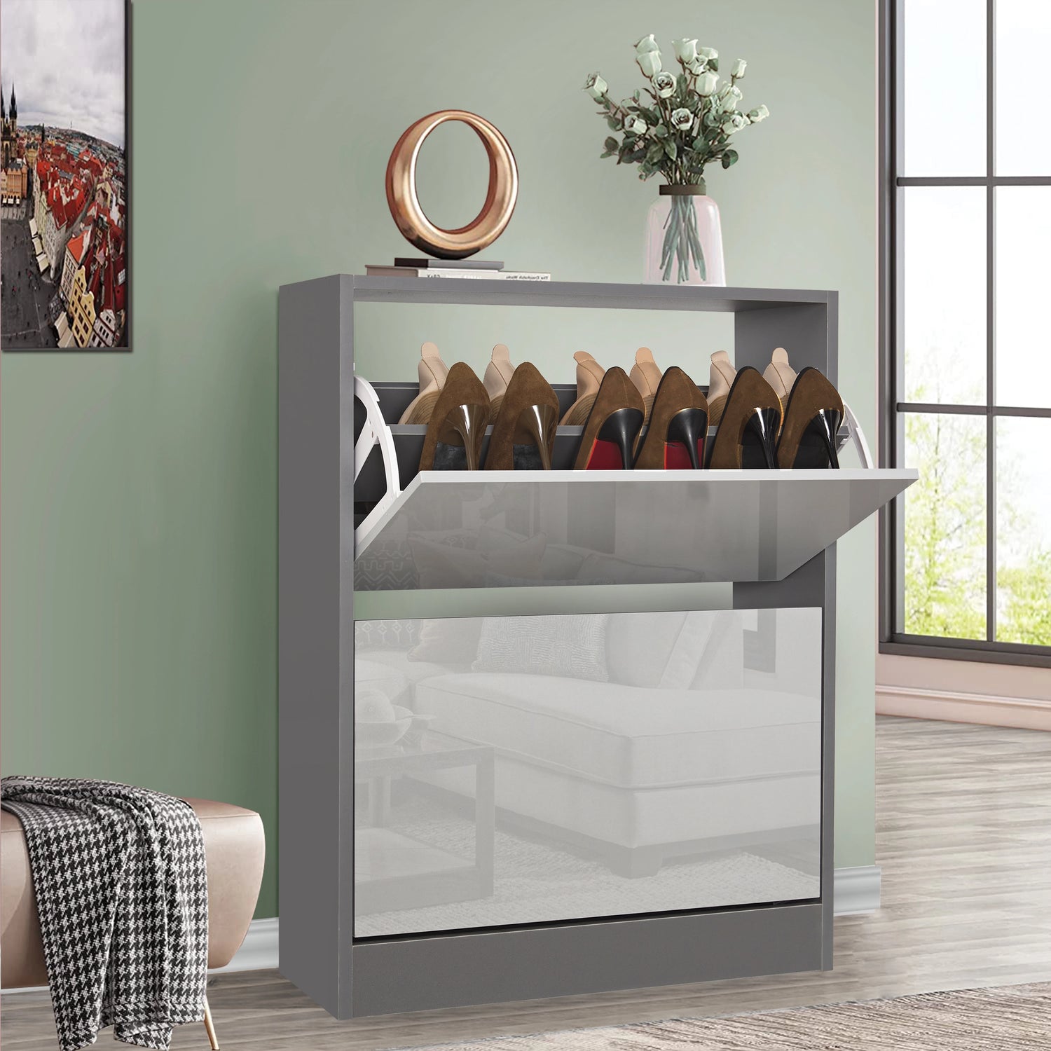 two tone grey high gloss shoe cabinet in hallway with pull-down drawer open, neatly holding daily footwear