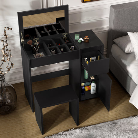 Black makeup dressing table with flip-up mirror, storage compartments, drawers, and matching stool, ideal for modern bedroom vanities.