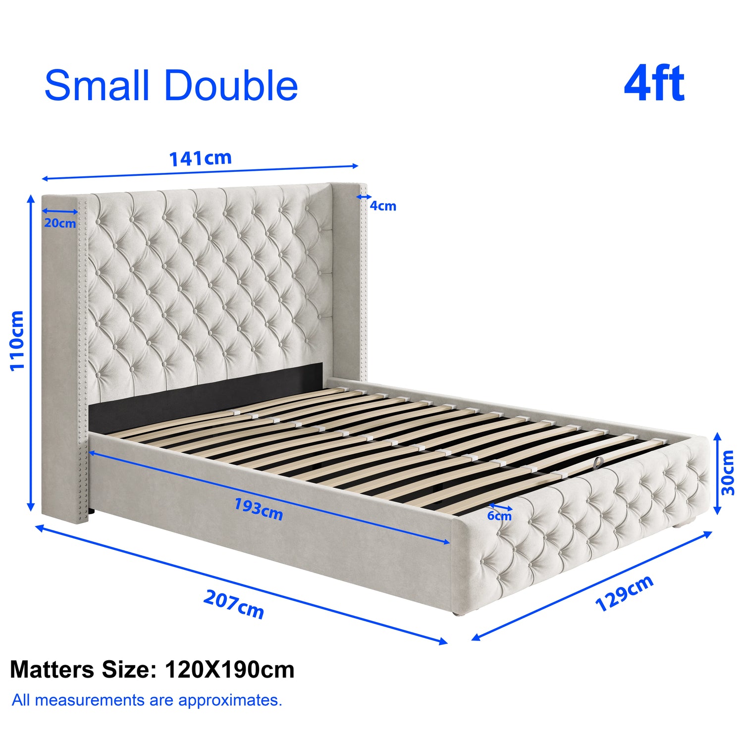 Cross Pattern Velvet Ottoman Storage Bed in beige with winged headboard, shown in small double 4ft size with detailed dimensions.