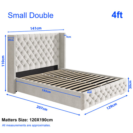 Cross Pattern Velvet Ottoman Storage Bed in beige with winged headboard, shown in small double 4ft size with detailed dimensions.