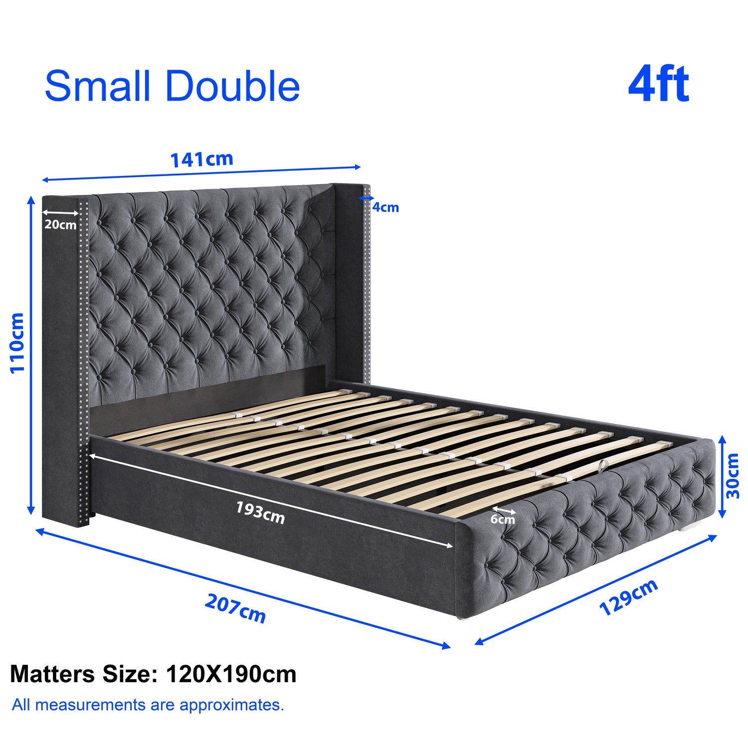 Cross Pattern Velvet Ottoman Storage Bed in small double size with winged headboard, velvet finish, and lift-up slatted base for storage.