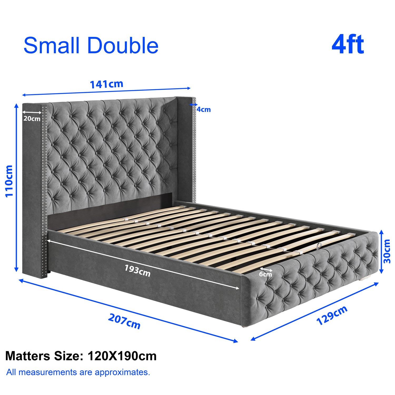 Cross Pattern Velvet Ottoman Storage Bed in grey, small double 4ft size with winged headboard and lift-up slatted base for underbed storage.