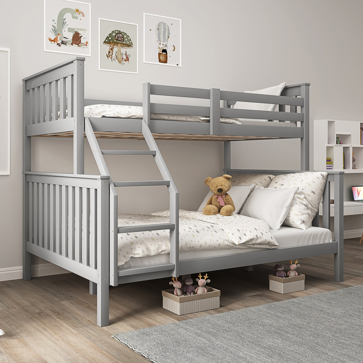 Grey wooden triple bunk bed for kids with toy storage underneath, includes ladder and guardrails for safety and functionality.
