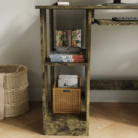 Home Office Computer Desk With Shelves For Working, Reading & Gaming featuring rustic wood finish, side storage shelves, and a wicker basket for organization.