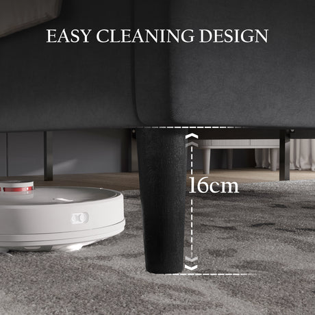 Velvet upholstered bed frame in dark grey with 16cm clearance for easy cleaning, shown with robot vacuum under bed. Ideal for modern bedrooms.