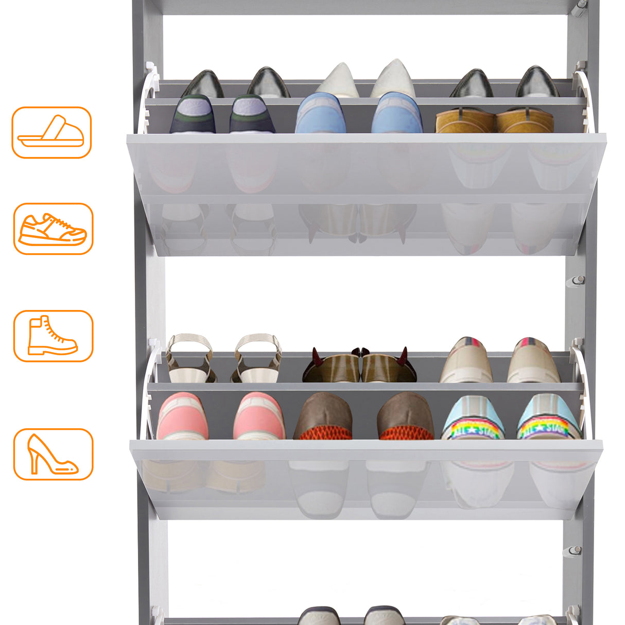 Open thin shoe cabinet with three doors, storing Crocs, boots, slippers, and wellies.