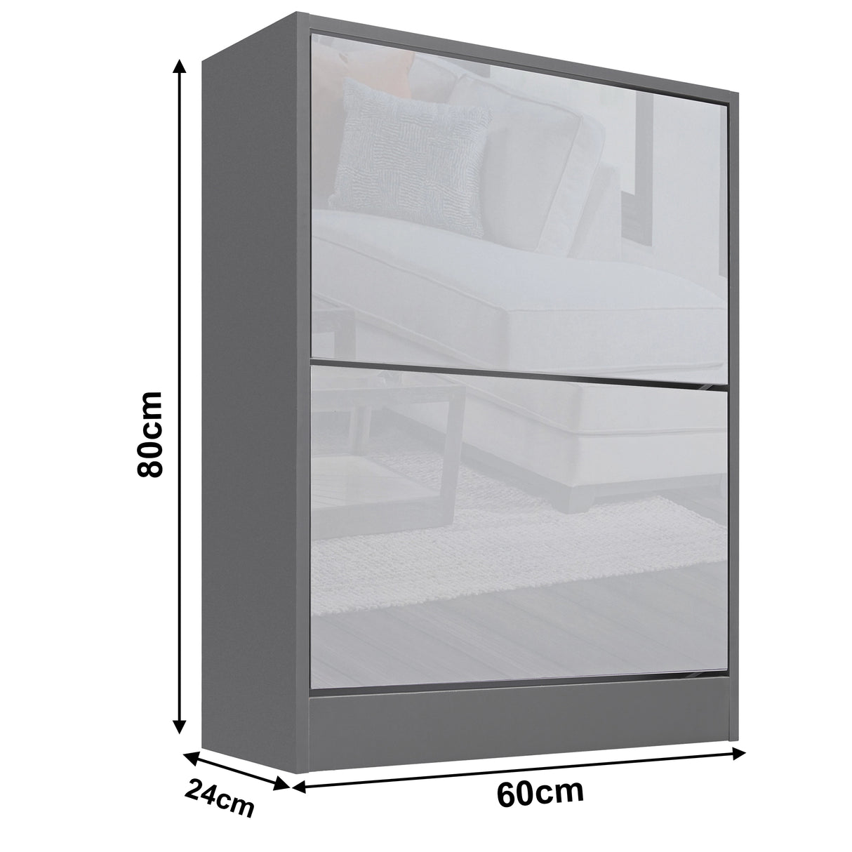 measurement of the two tone grey high gloss shoe cabinet: width 60 cm, depth 24 cm, and height 80 cm.