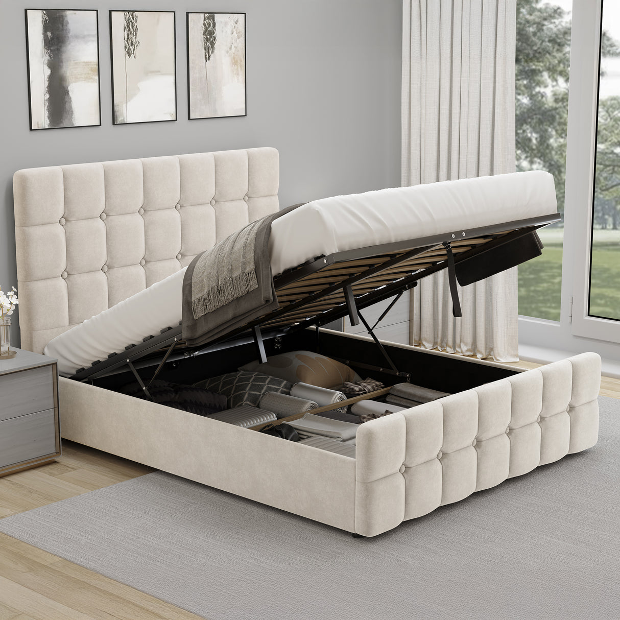 Beige velvet Ottoman Bed Frame in king size with lifted mattress, revealing spacious underbed storage compartment.