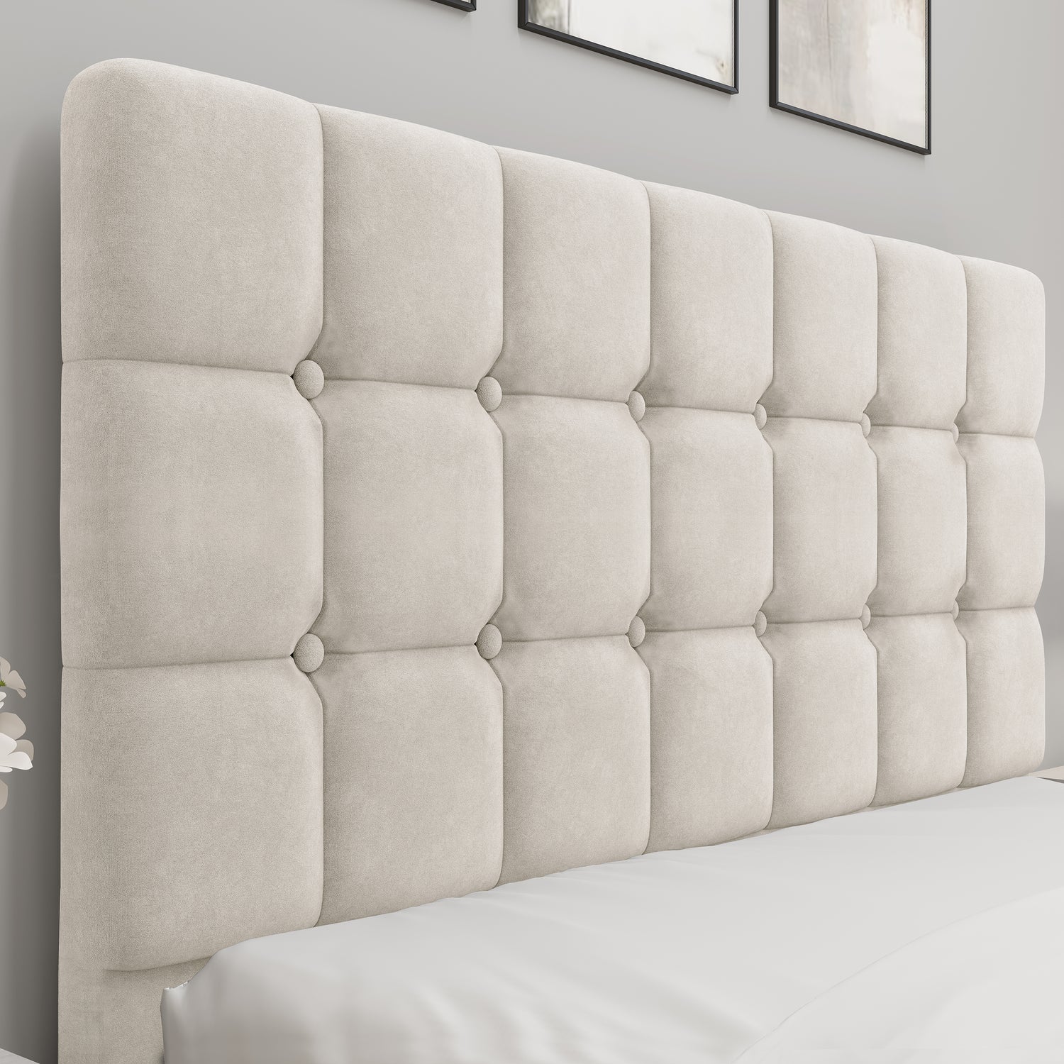 Close-up of the beige velvet headboard with square tufting, part of the king size Ottoman Bed Frame collection.