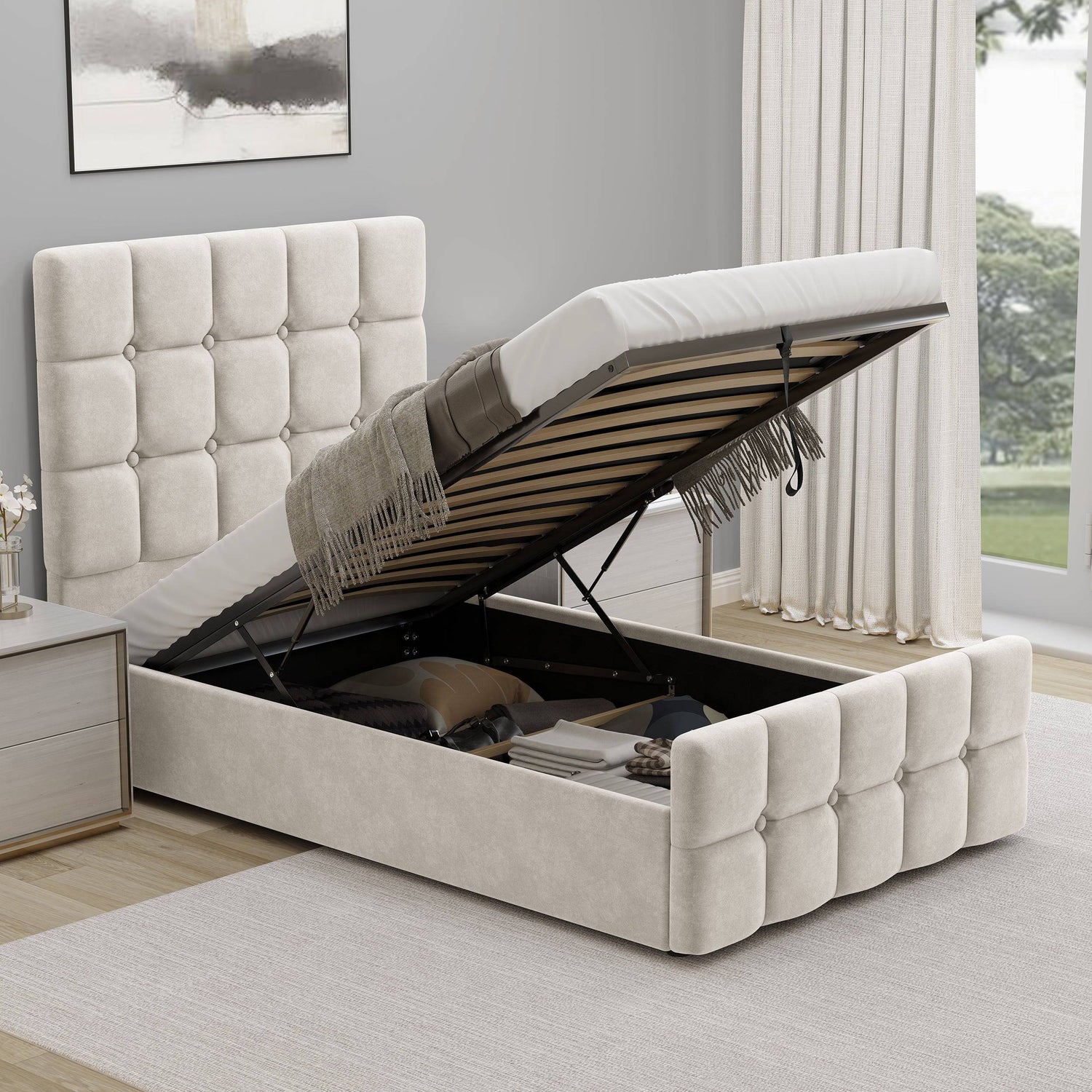 Beige velvet Ottoman Bed Frame with lifted mattress revealing hidden storage, ideal for organizing small bedroom essentials.