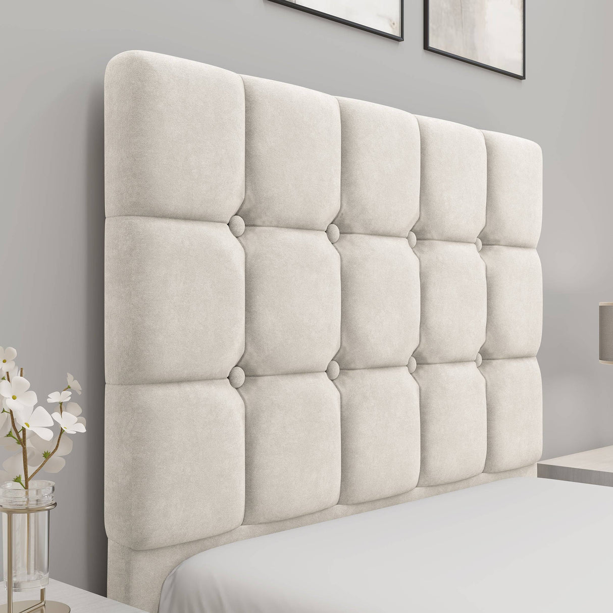 Close-up of beige velvet headboard with square tufting, part of the Square Ottoman Bed Frame collection for stylish bedrooms.