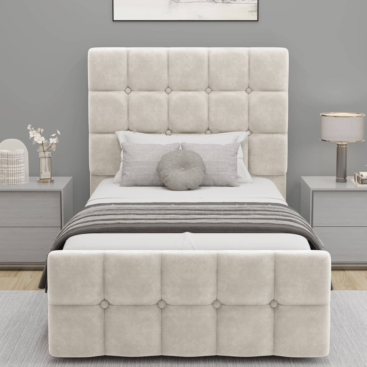 Front view of beige Square Ottoman Storage Bed with button-tufted headboard and footboard, designed for single room luxury.
