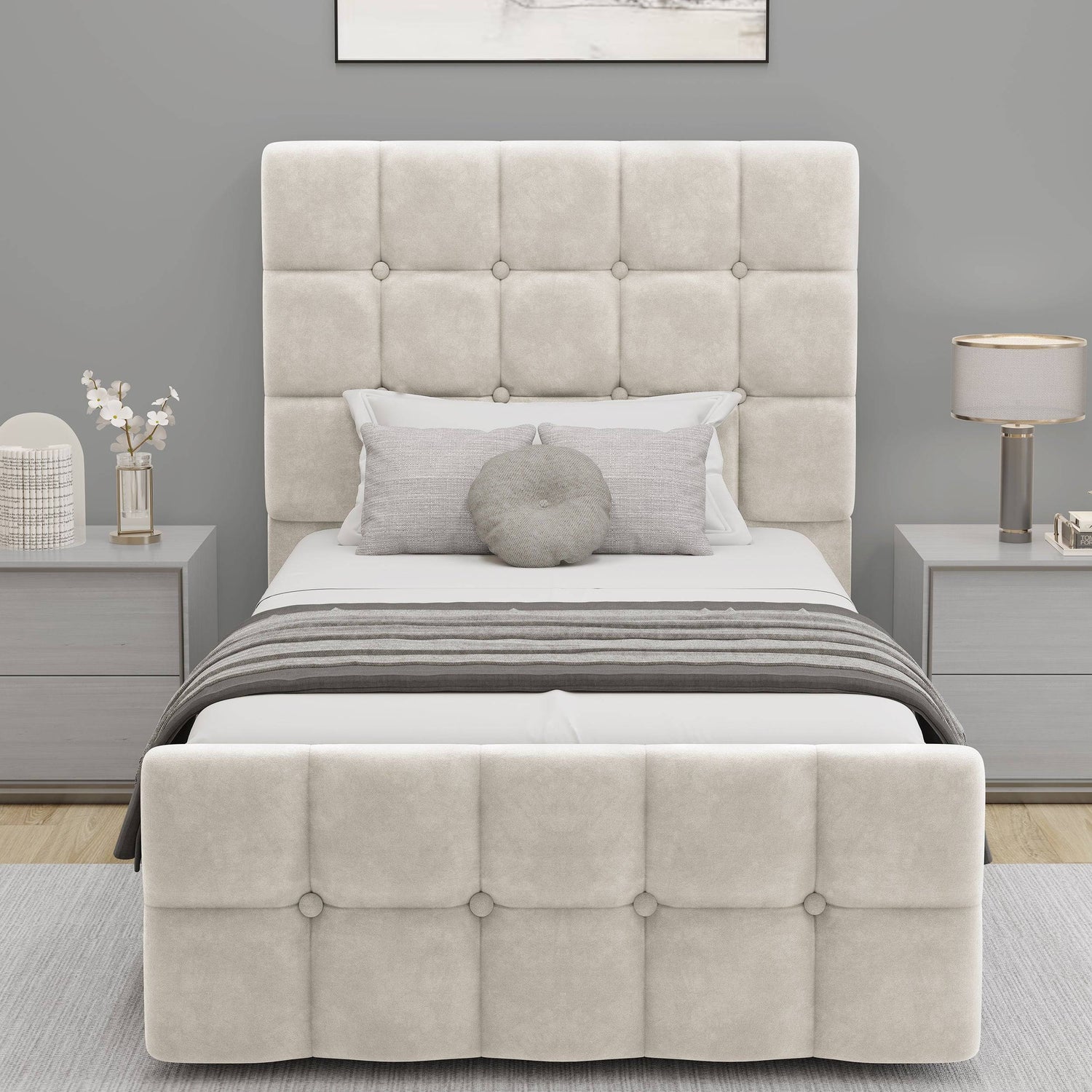 Front view of beige Square Ottoman Storage Bed with button-tufted headboard and footboard, designed for single room luxury.