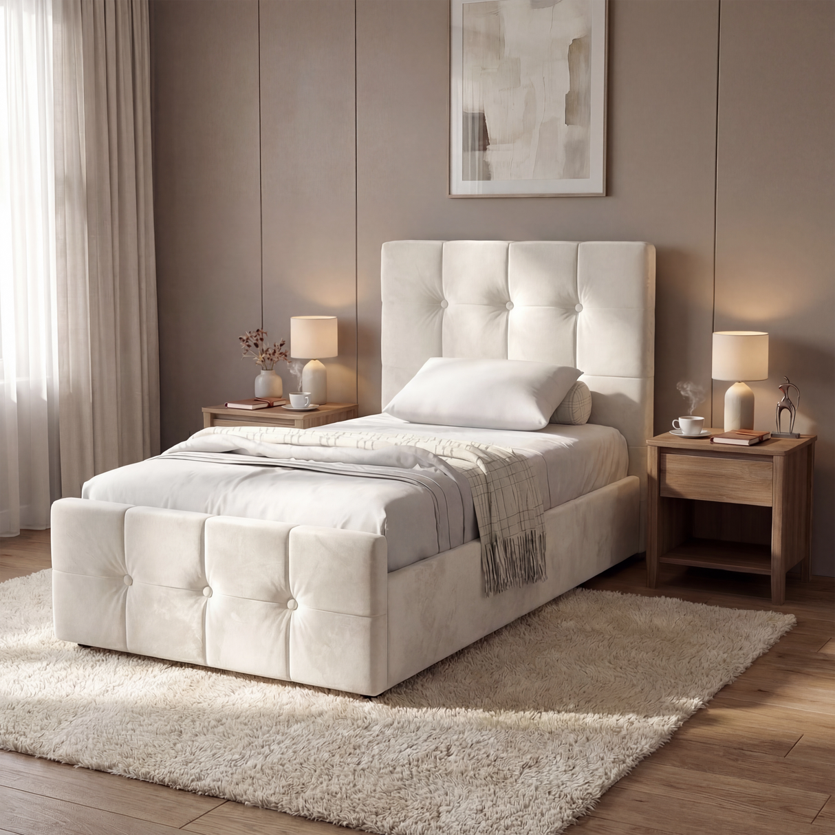 Square Ottoman Storage Bed in beige velvet with tufted headboard, perfect for single bedrooms with a neutral, elegant theme.