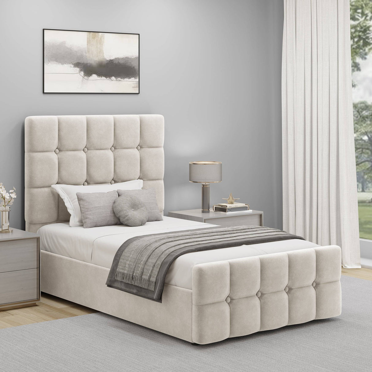 Square Ottoman Storage Bed in beige velvet with tufted headboard, perfect for single bedrooms with a neutral, elegant theme.
