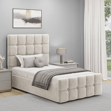 Square Ottoman Storage Bed in beige velvet with tufted headboard, perfect for single bedrooms with a neutral, elegant theme.