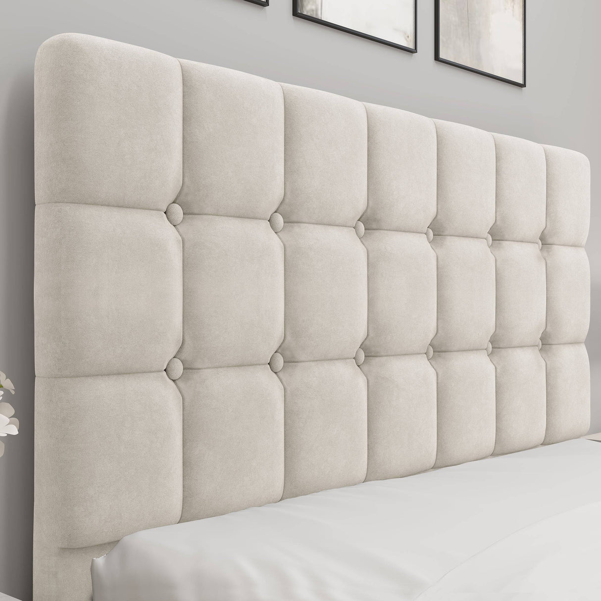 Close-up of the beige velvet headboard with square tufting, part of the small double Ottoman Bed Frame collection.