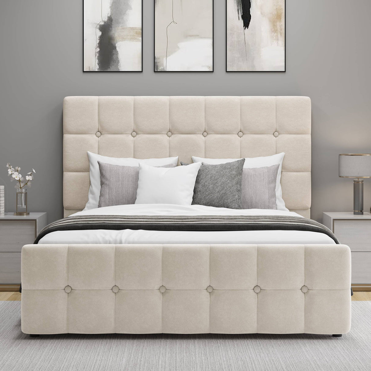 Front view of small double Square Ottoman Storage Bed in beige velvet with button-tufted headboard and footboard.