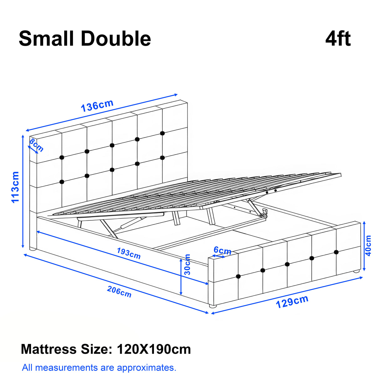 Diagram of a small double bed with dimensions labeled