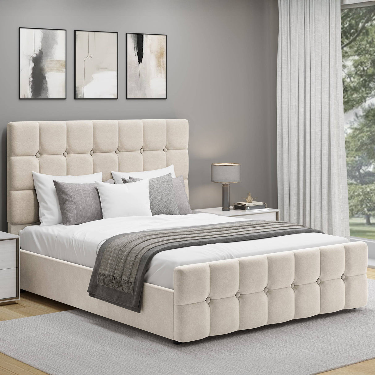 Square Ottoman Storage Bed in beige velvet, small double size with tufted headboard, perfect for neutral-toned bedroom styles.