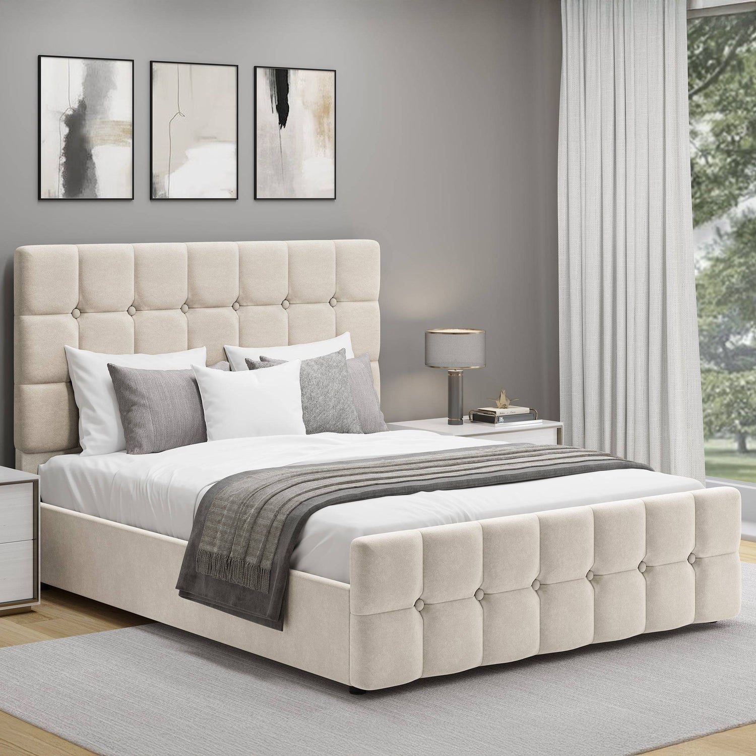 Square Ottoman Storage Bed in beige velvet, small double size with tufted headboard, perfect for neutral-toned bedroom styles.